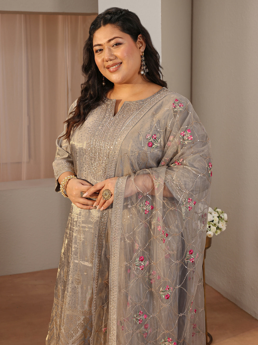 Plus Size Grey Ethnic Woven Design Silk Blend Straight Suit Set