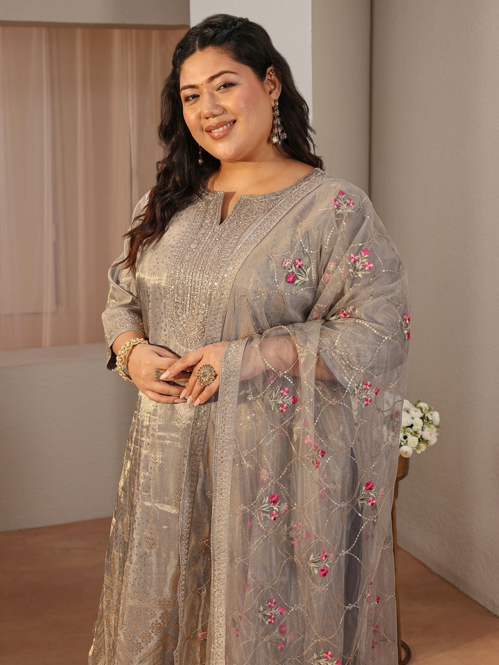 Plus Size Grey Ethnic Woven Design Silk Blend Straight Suit Set
