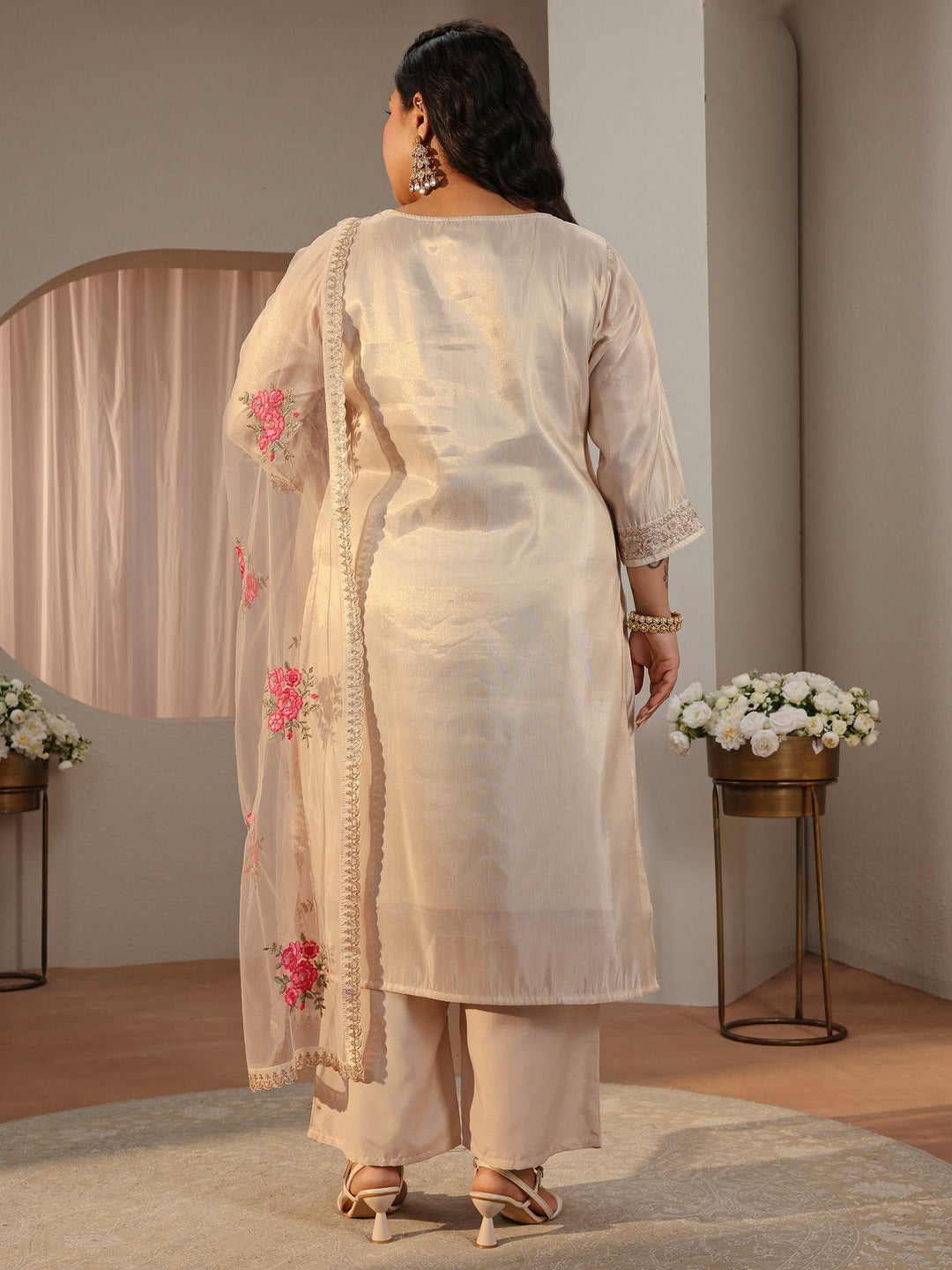 Plus Size Ivory Ethnic Woven Design Silk Blend Straight Suit Set