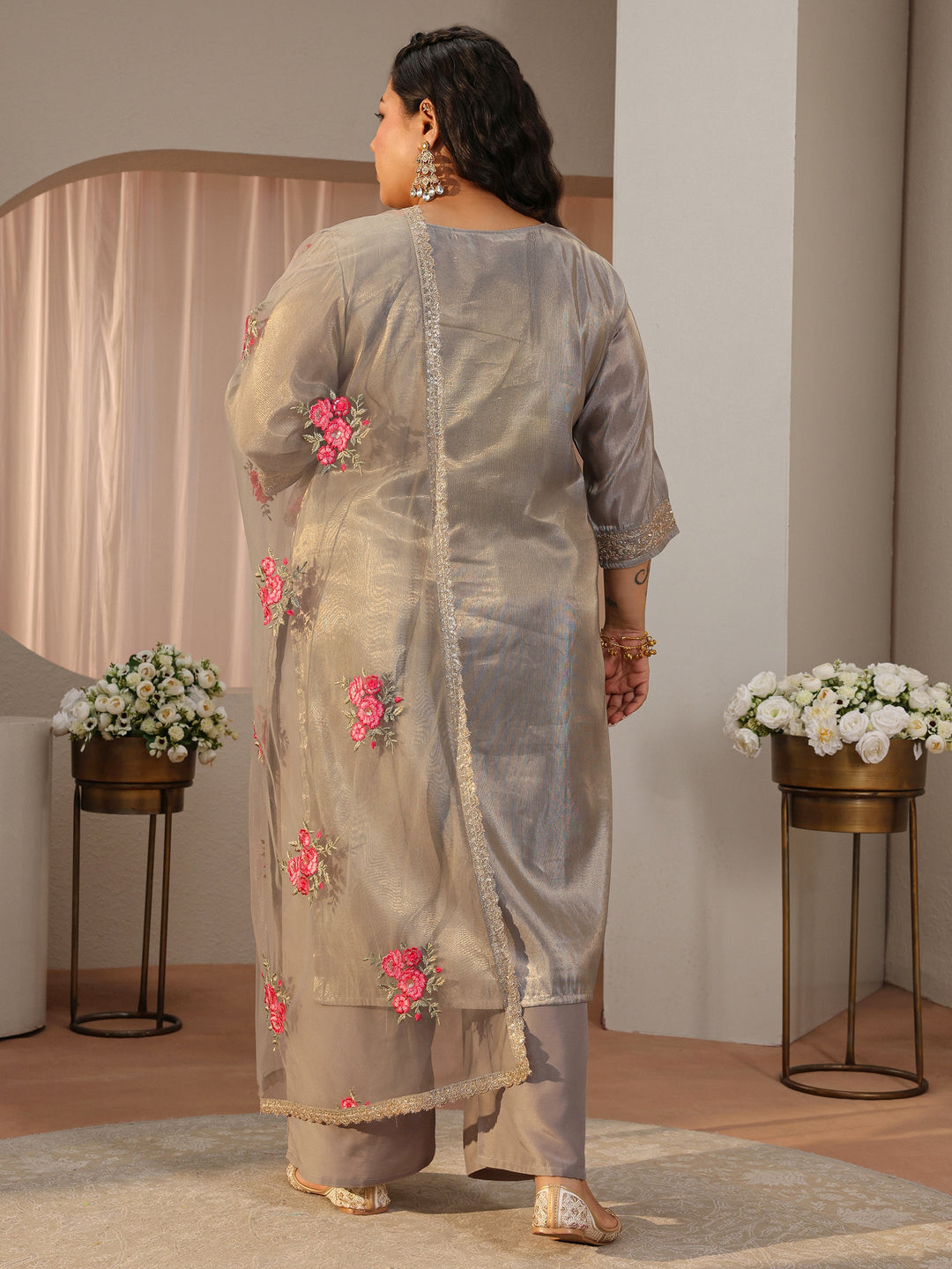 Plus Size Grey Woven Design Silk Blend Straight Suit Set