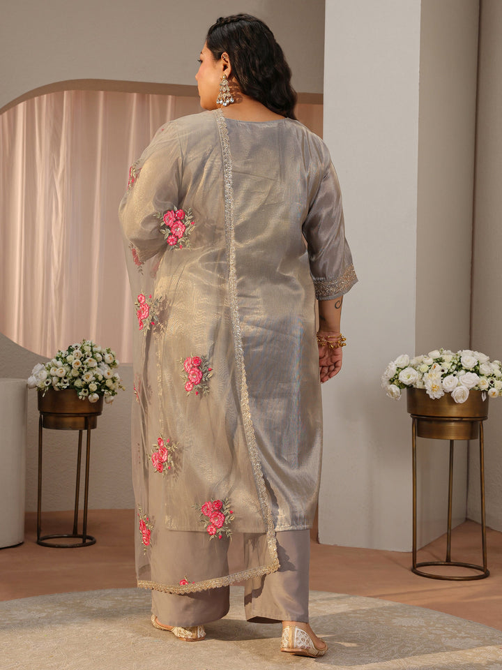 Plus Size Grey Woven Design Silk Blend Straight Suit Set
