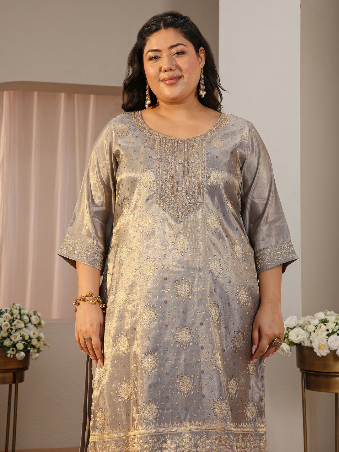 Plus Size Grey Woven Design Silk Blend Straight Suit Set