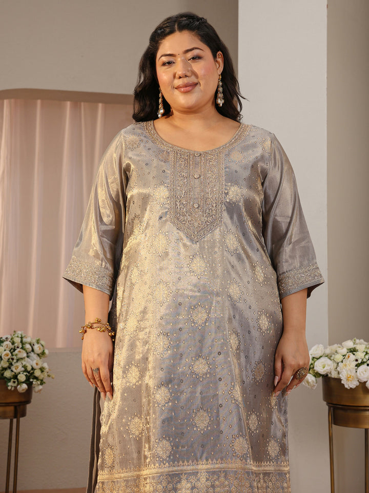 Plus Size Grey Woven Design Silk Blend Straight Suit Set