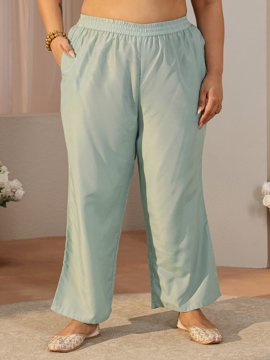 Plus Size Sky Blue Woven Design Silk Blend Straight Suit Set