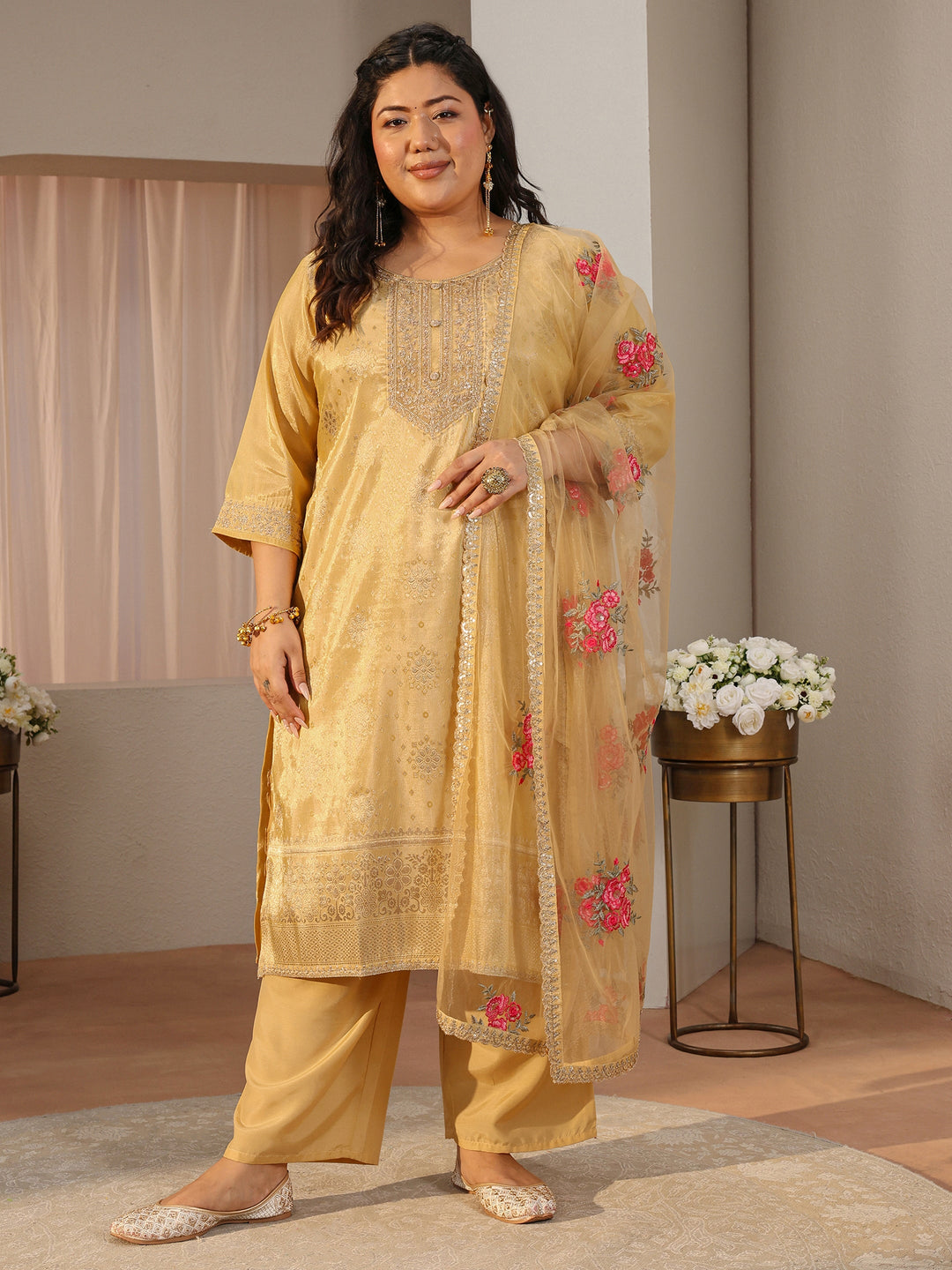 Plus Size Yellow Woven Design Silk Blend Straight Suit Set