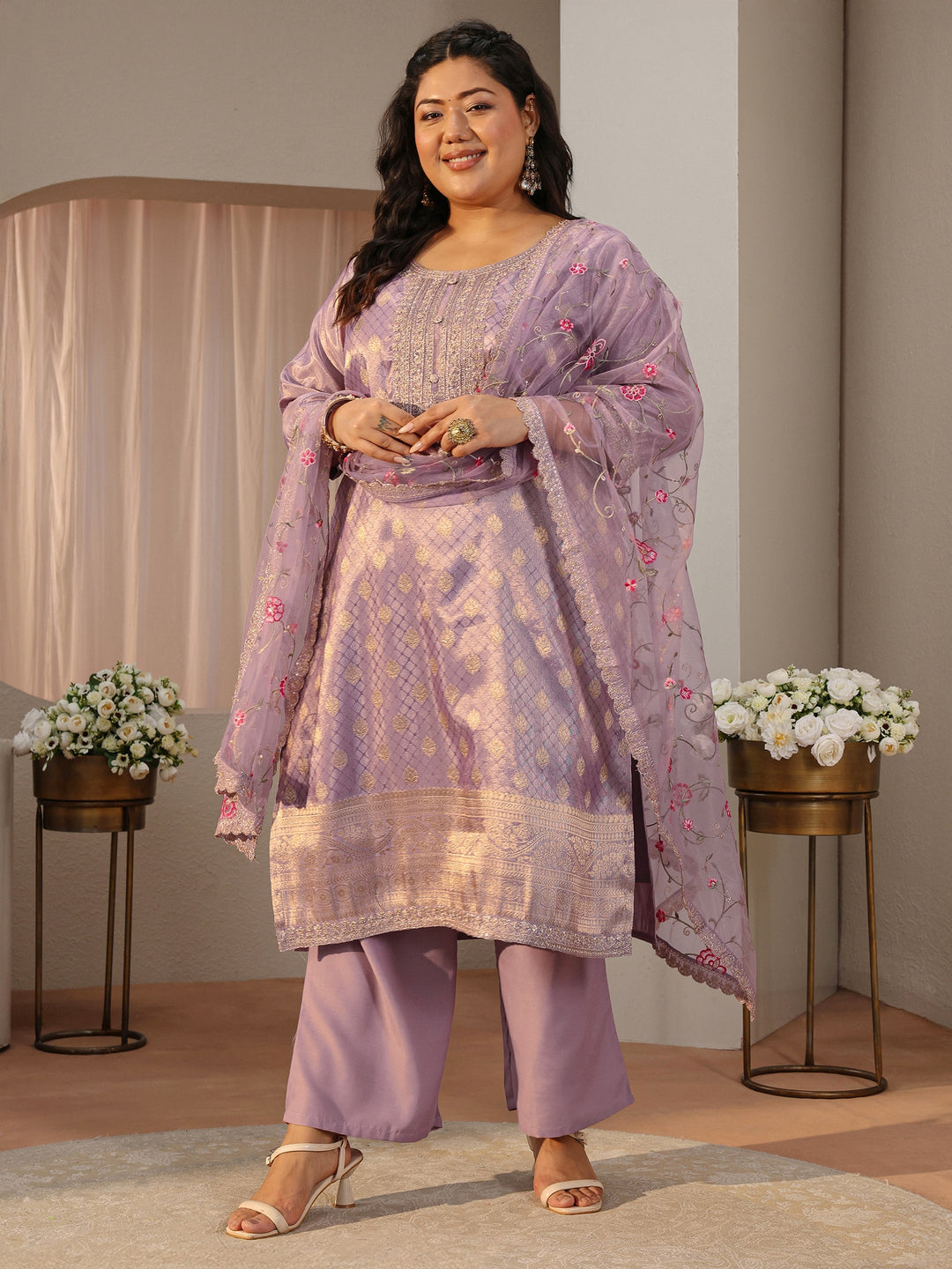 Plus Size Lavender Woven Design Silk Blend Straight Suit Set