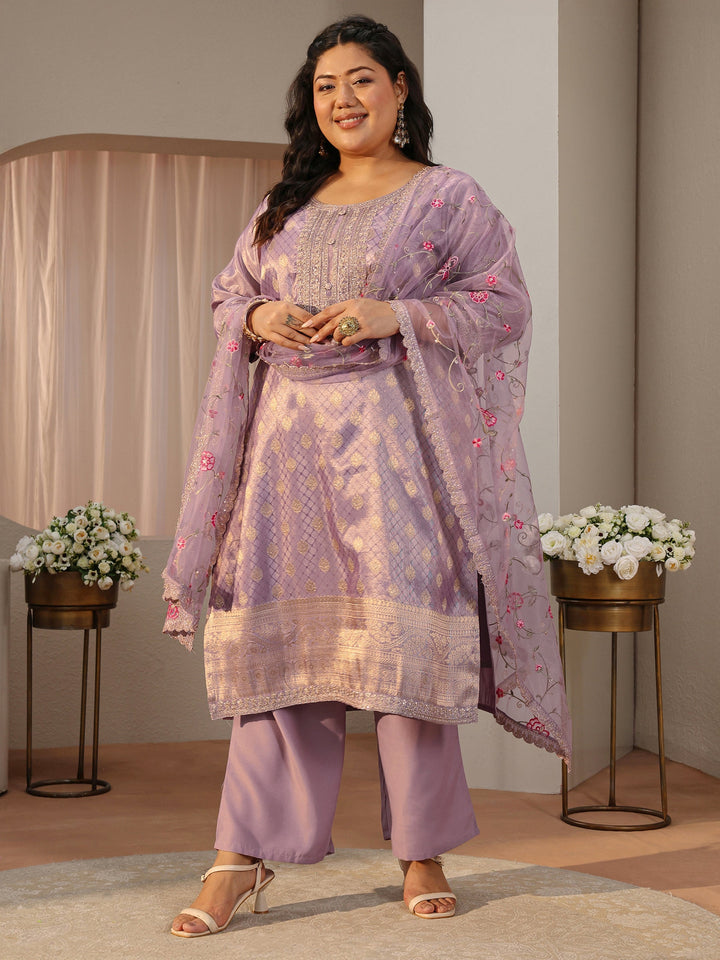 Plus Size Lavender Woven Design Silk Blend Straight Suit Set