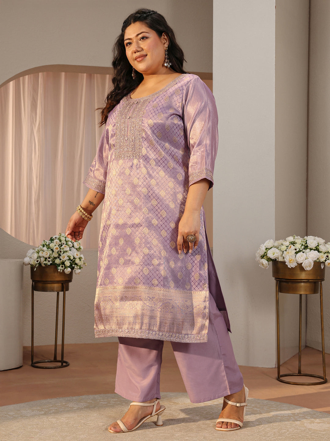 Plus Size Lavender Woven Design Silk Blend Straight Suit Set