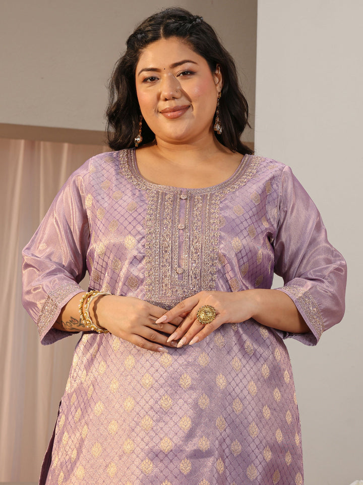 Plus Size Lavender Woven Design Silk Blend Straight Suit Set