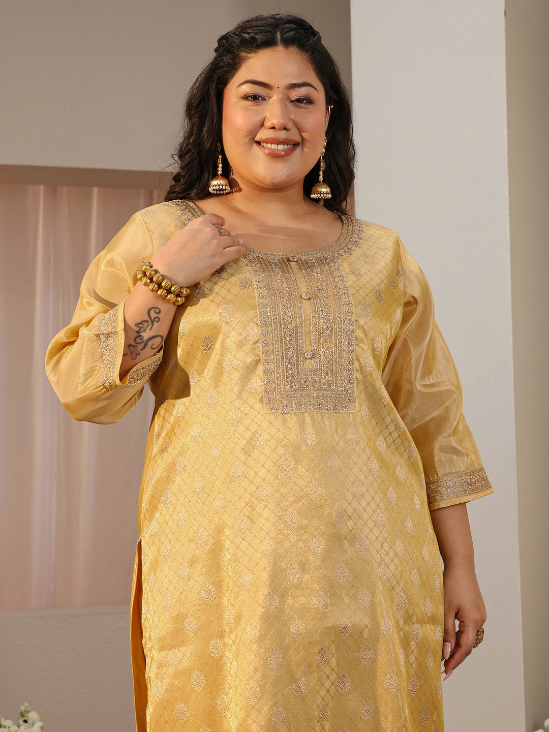 Plus Size Yellow Woven Design Silk Blend Straight Suit Set