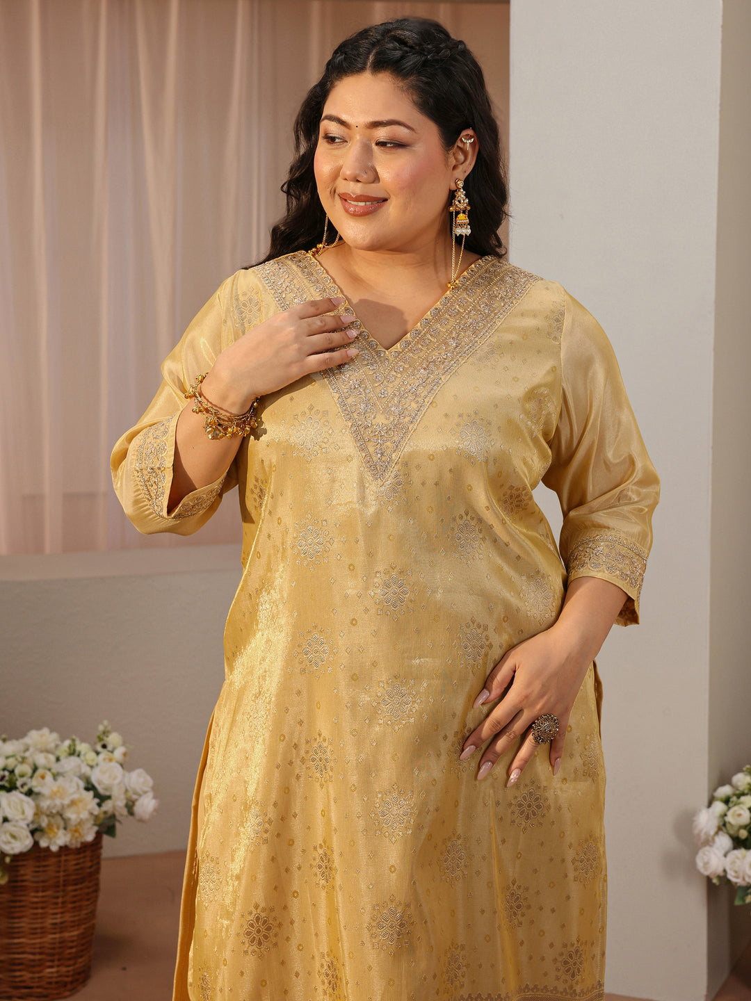 Plus Size Yellow Woven Design Silk Blend Straight Suit Set