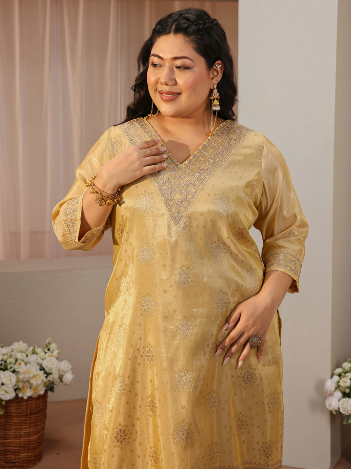Plus Size Yellow Woven Design Silk Blend Straight Suit Set