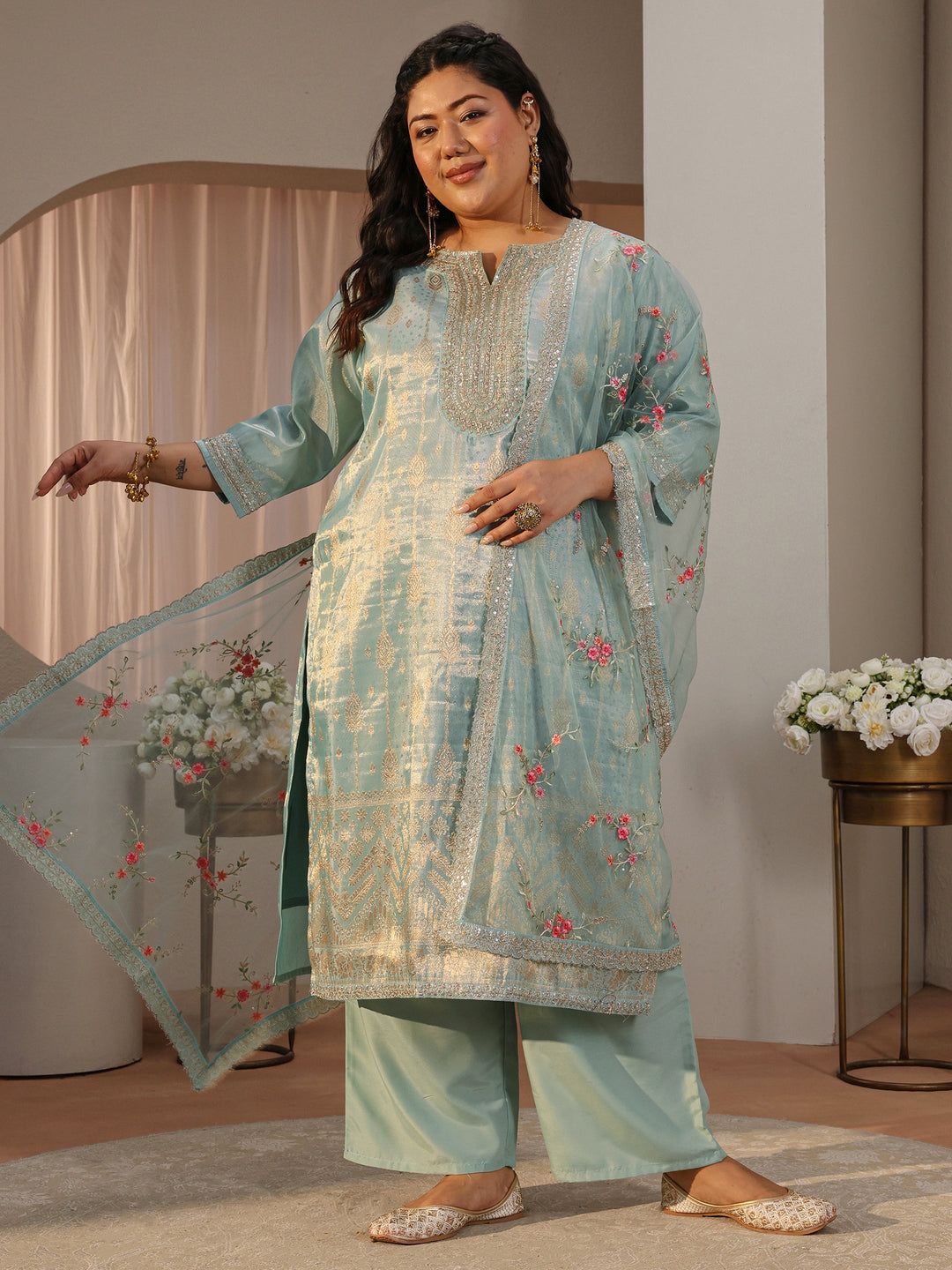 Plus Size Sea Green Woven Design Silk Blend Straight Suit Set