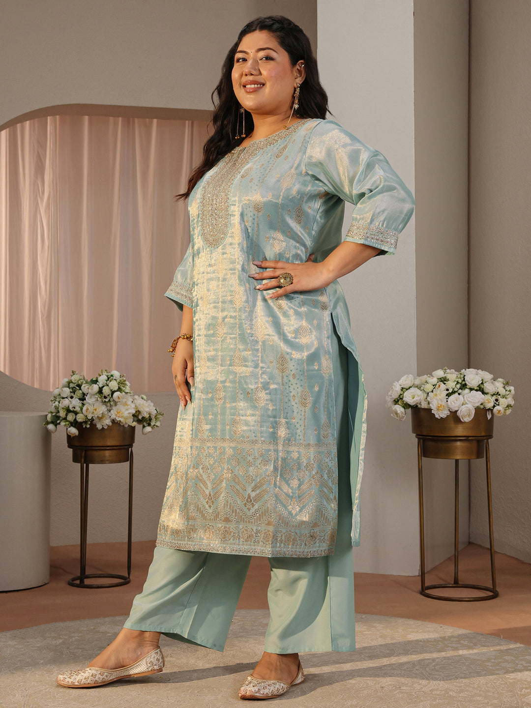 Plus Size Sea Green Woven Design Silk Blend Straight Suit Set