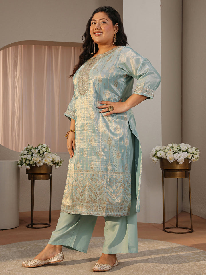 Plus Size Sea Green Woven Design Silk Blend Straight Suit Set