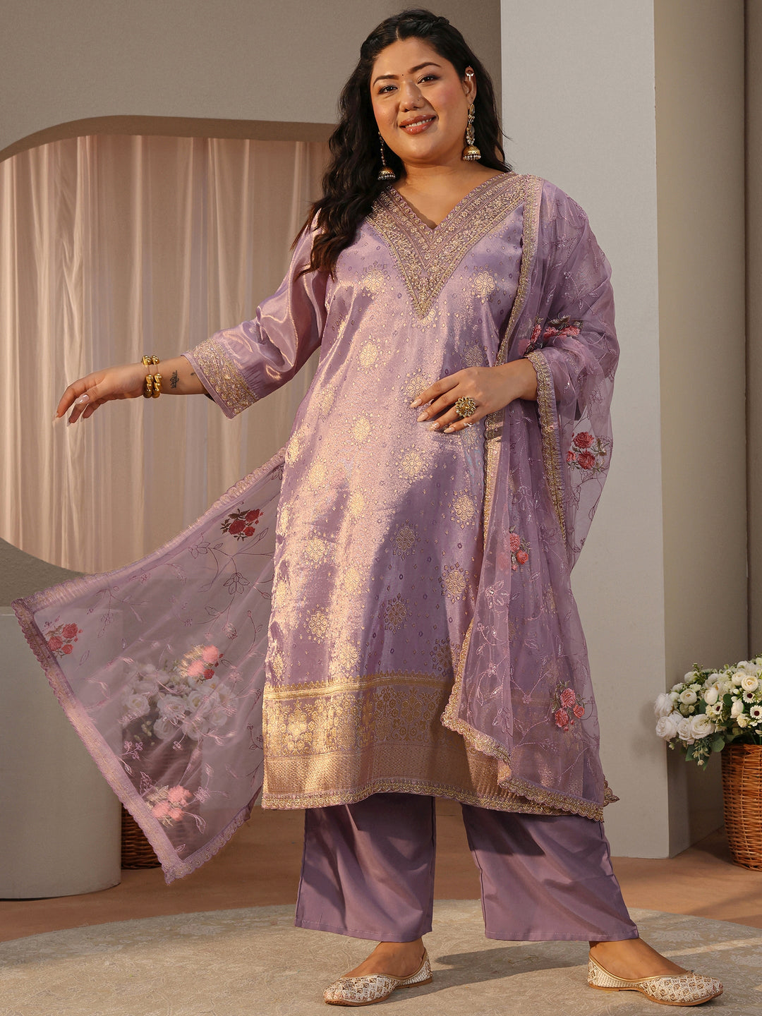 Plus Size Lilac Woven Design Silk Blend Straight Suit Set