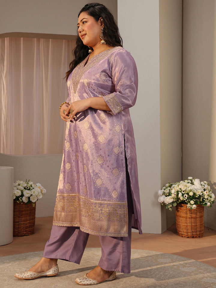 Plus Size Lilac Woven Design Silk Blend Straight Suit Set