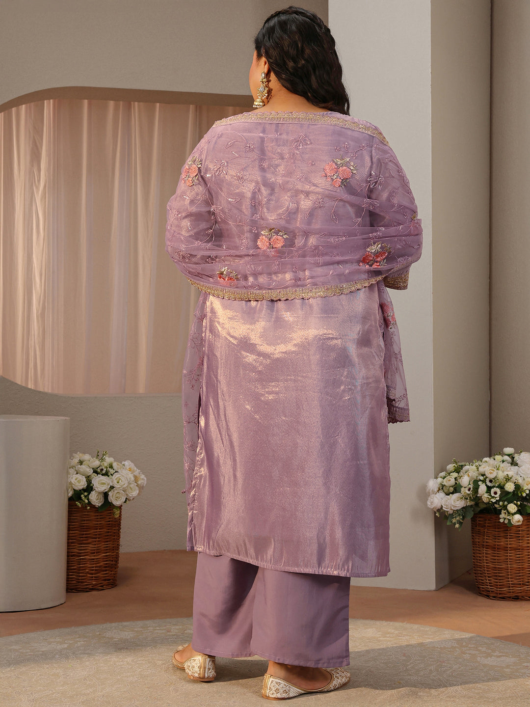 Plus Size Lilac Woven Design Silk Blend Straight Suit Set