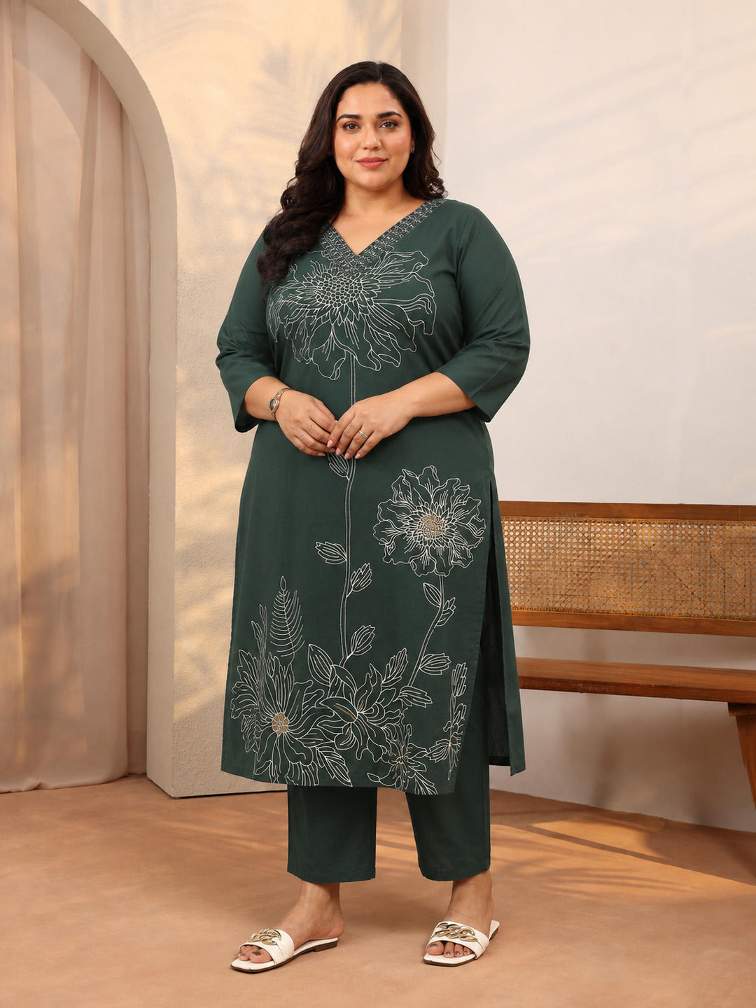 Plus Size Green Printed Cotton Straight Suit Set With Dupatta