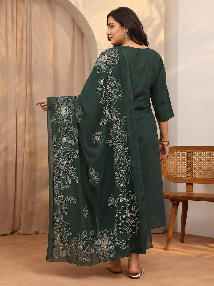 Plus Size Green Printed Cotton Straight Suit Set With Dupatta