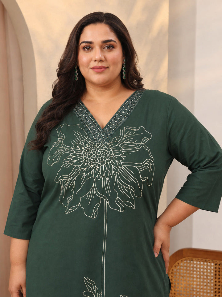 Plus Size Green Printed Cotton Straight Suit Set With Dupatta