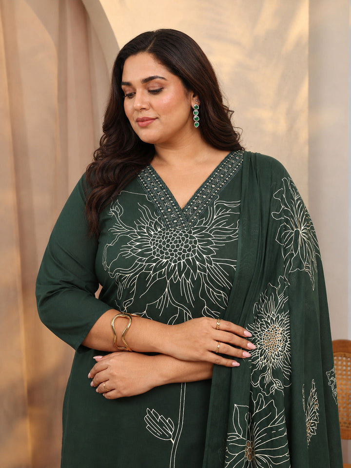 Plus Size Green Printed Cotton Straight Suit Set With Dupatta