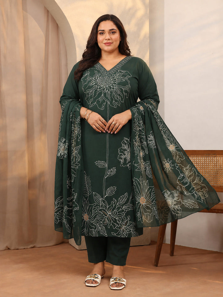 Plus Size Green Printed Cotton Straight Suit Set With Dupatta