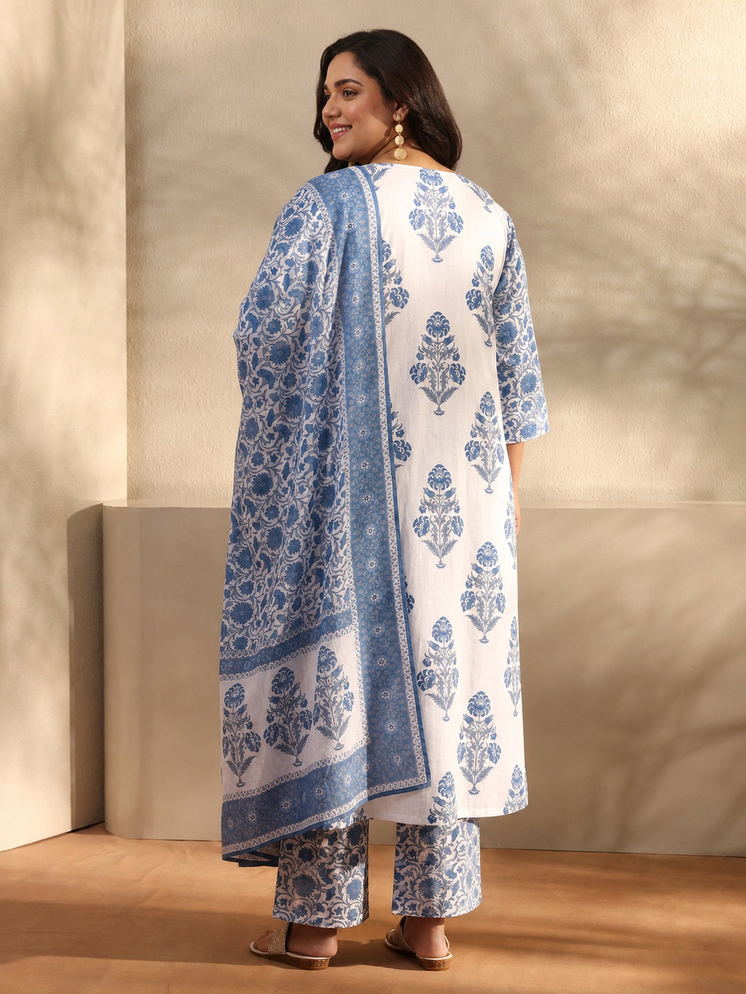 Plus Size Blue Ethnic Motif Printed Cotton A-Line Suit Set With Dupatta