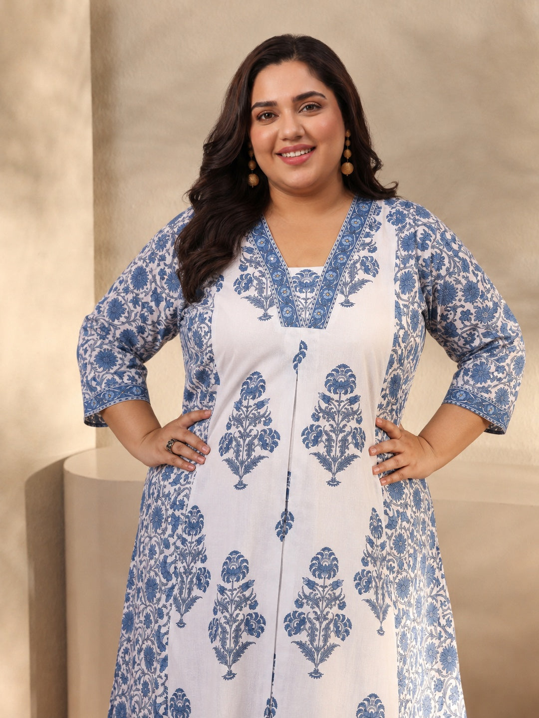 Plus Size Blue Ethnic Motif Printed Cotton A-Line Suit Set With Dupatta