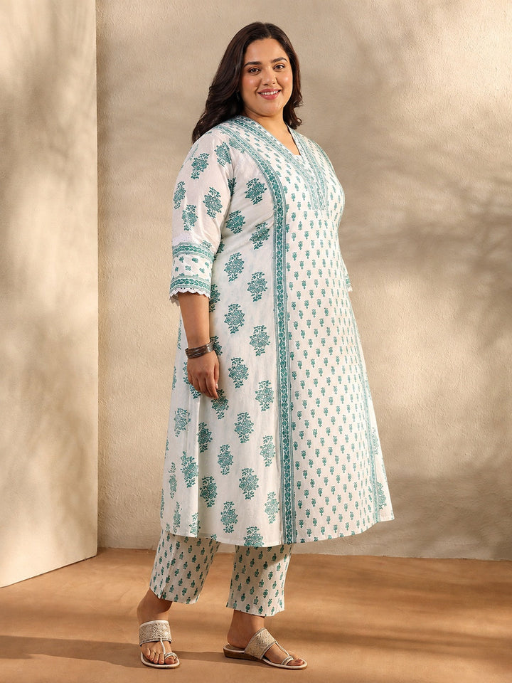 Plus Size White Floral Printed Cotton A-Line Suit Set With Dupatta