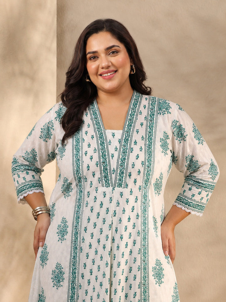 Plus Size White Floral Printed Cotton A-Line Suit Set With Dupatta