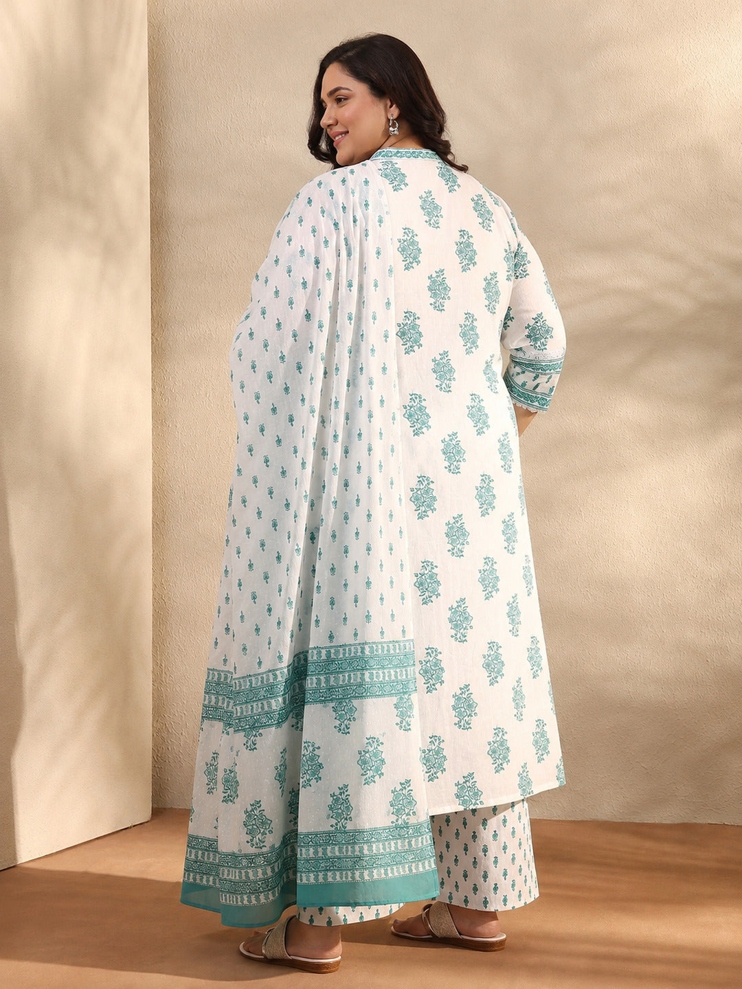 Plus Size White Floral Printed Cotton A-Line Suit Set With Dupatta