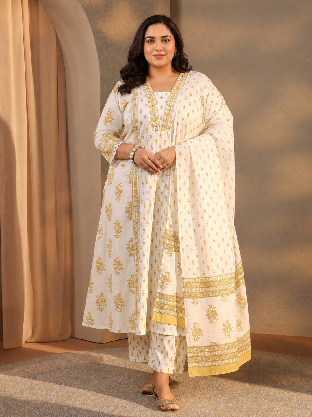 Plus Size White Floral Printed Cotton A-Line Suit Set