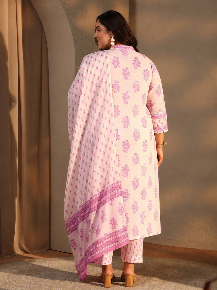 Plus Size White Floral Printed Cotton A-Line Suit Set With Dupatta