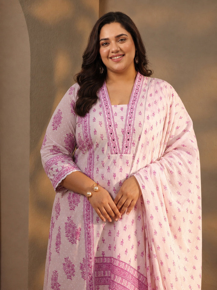Plus Size White Floral Printed Cotton A-Line Suit Set With Dupatta