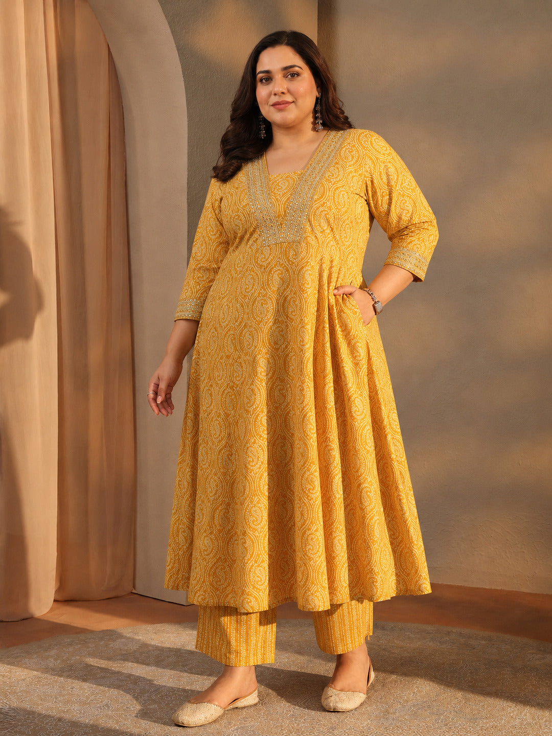 Plus Size Mustard Paisley Printed Cotton A-Line Suit Set With Dupatta