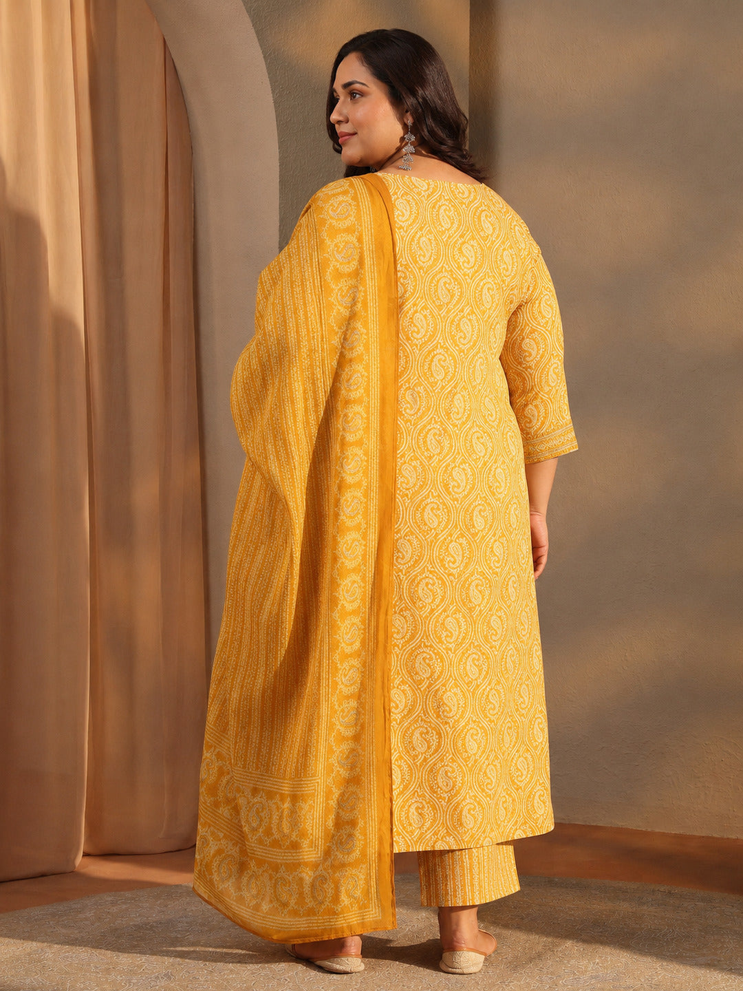 Plus Size Mustard Paisley Printed Cotton A-Line Suit Set With Dupatta