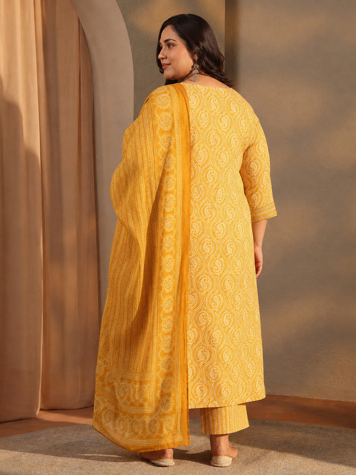 Plus Size Mustard Paisley Printed Cotton A-Line Suit Set With Dupatta