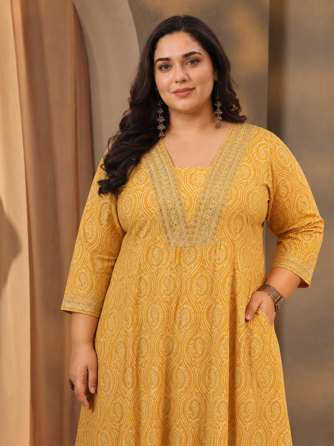 Plus Size Mustard Paisley Printed Cotton A-Line Suit Set With Dupatta