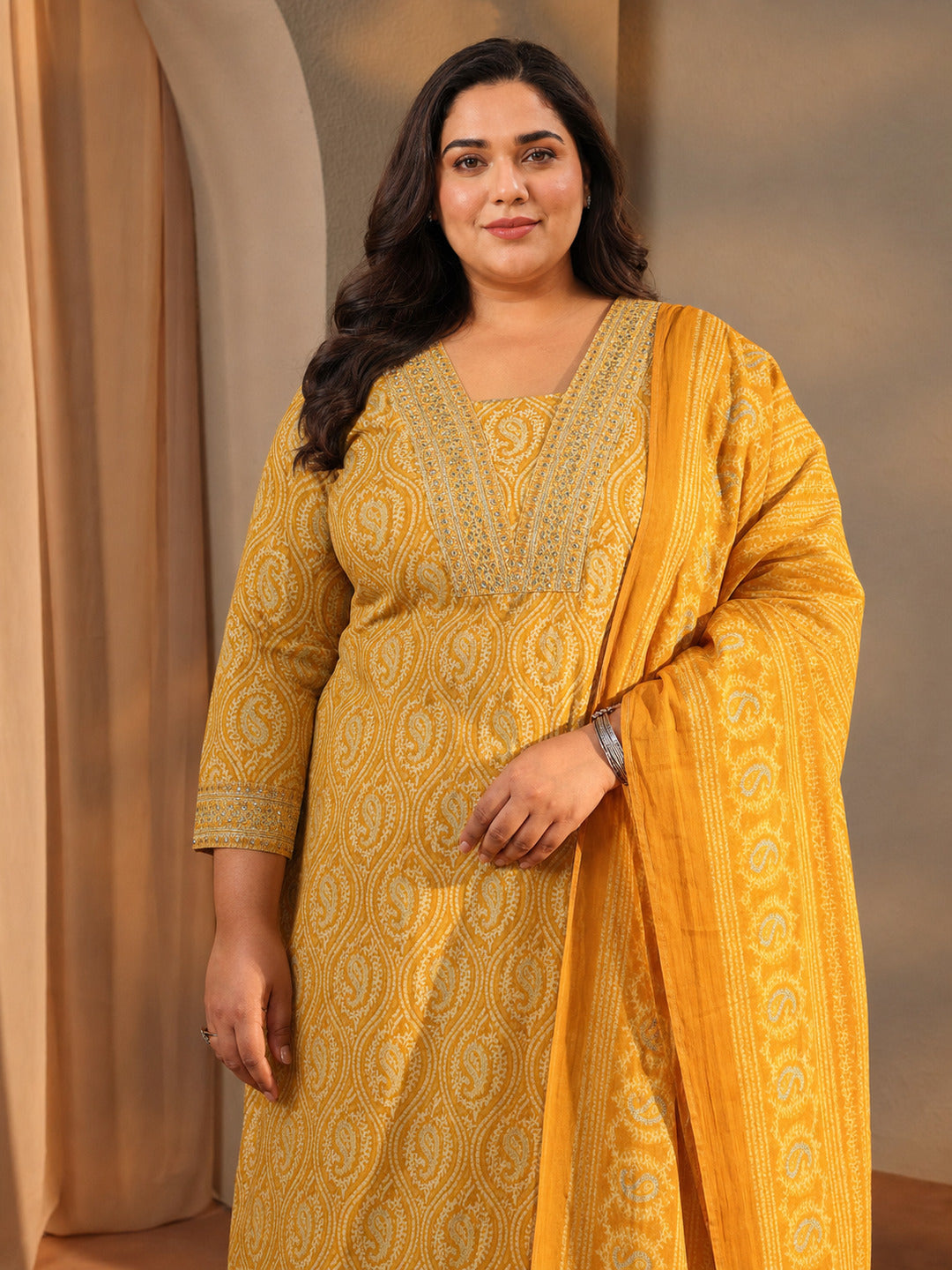 Plus Size Mustard Paisley Printed Cotton A-Line Suit Set With Dupatta
