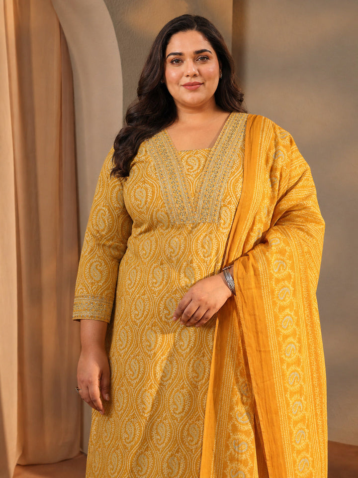 Plus Size Mustard Paisley Printed Cotton A-Line Suit Set With Dupatta