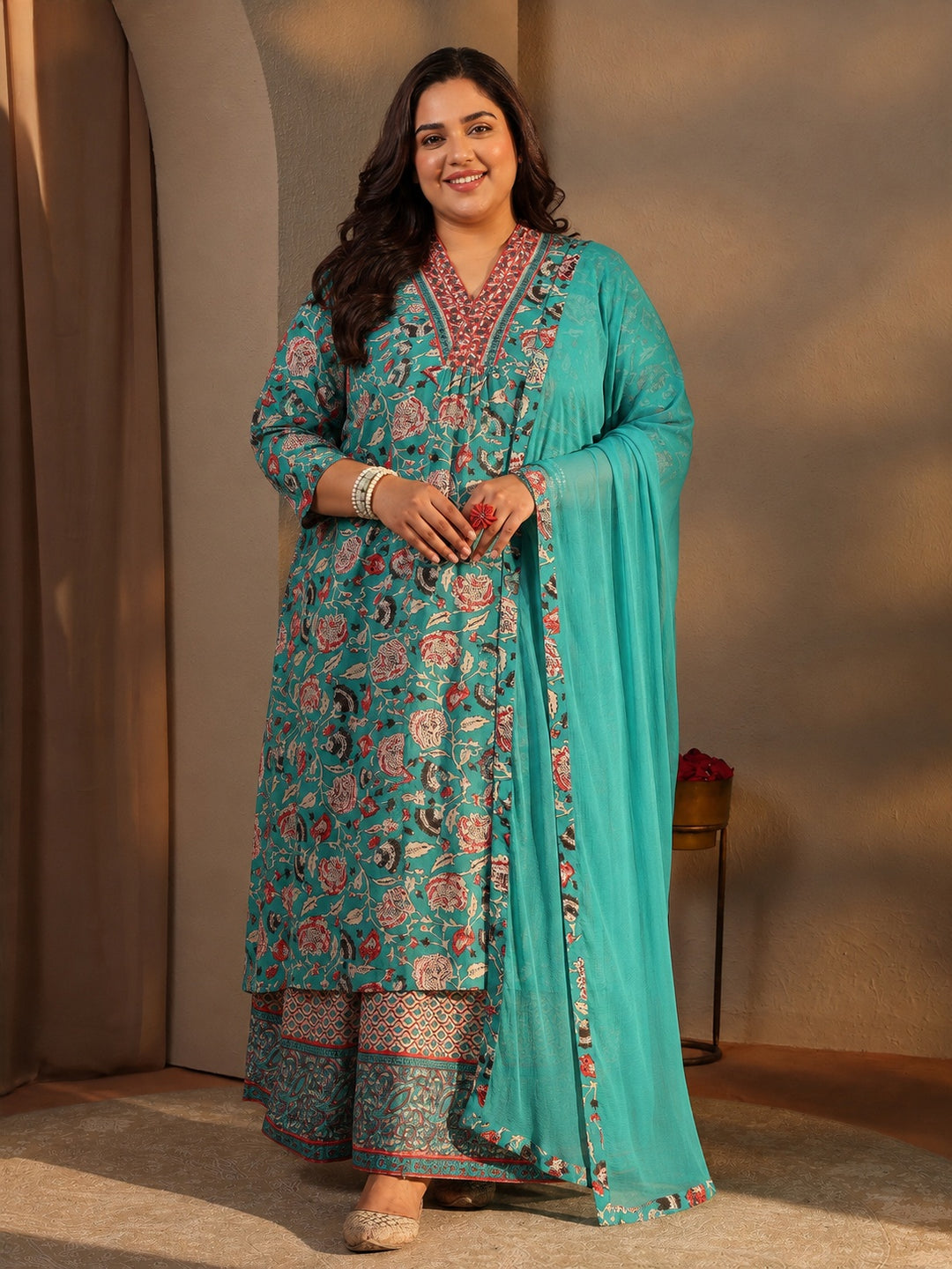 Plus Size Blue Floral Printed Cotton Blend A-line Suit Set