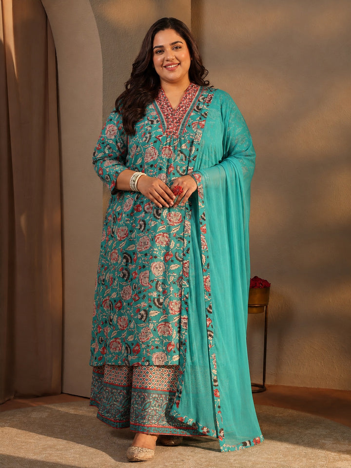 Plus Size Blue Floral Printed Cotton Blend A-line Suit Set