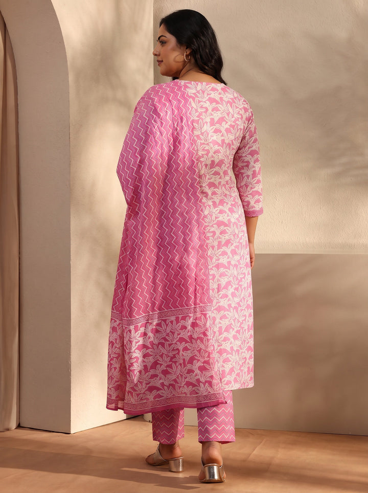 Plus Size Pink Floral Printed Cotton Straight Suit Set With Dupatta