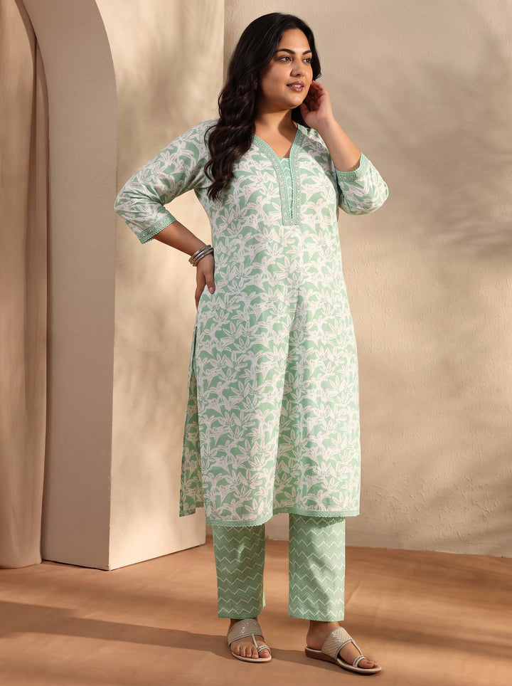 Plus Size Green Floral Printed Cotton Straight Suit Set With Dupatta
