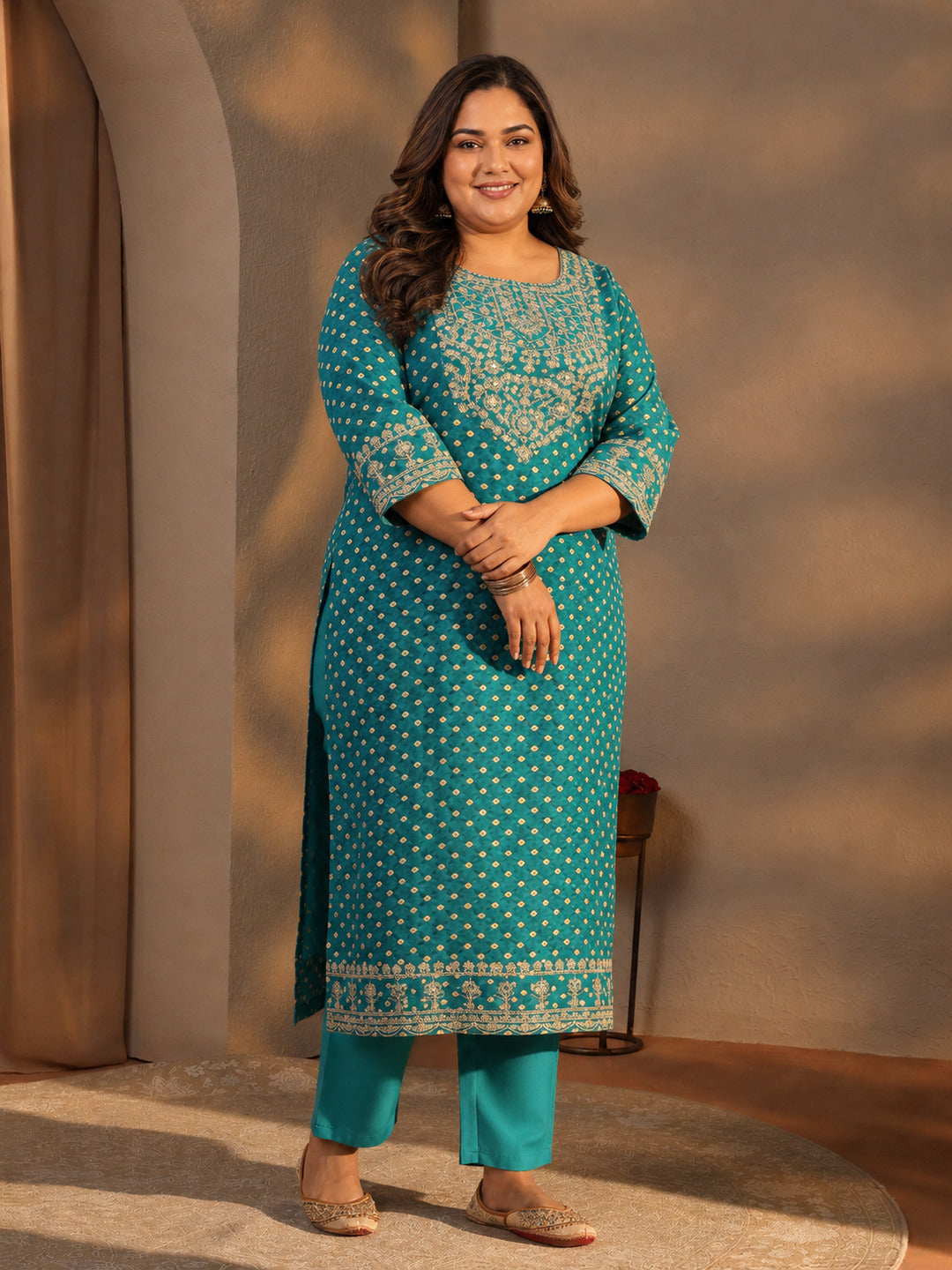 Plus Size Blue Bandhani Printed Silk Blend Straight Suit Set With Dupatta