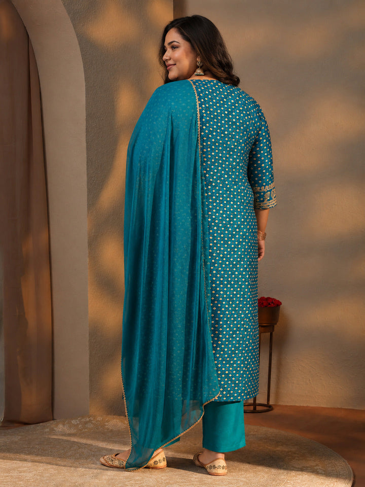 Plus Size Blue Bandhani Printed Silk Blend Straight Suit Set With Dupatta