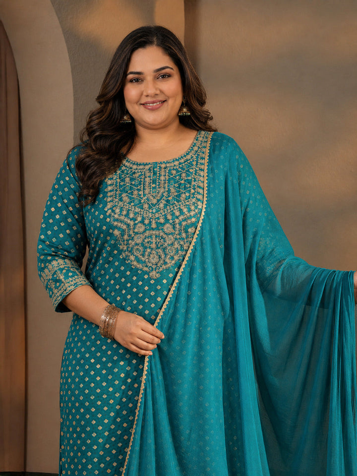 Plus Size Blue Bandhani Printed Silk Blend Straight Suit Set With Dupatta