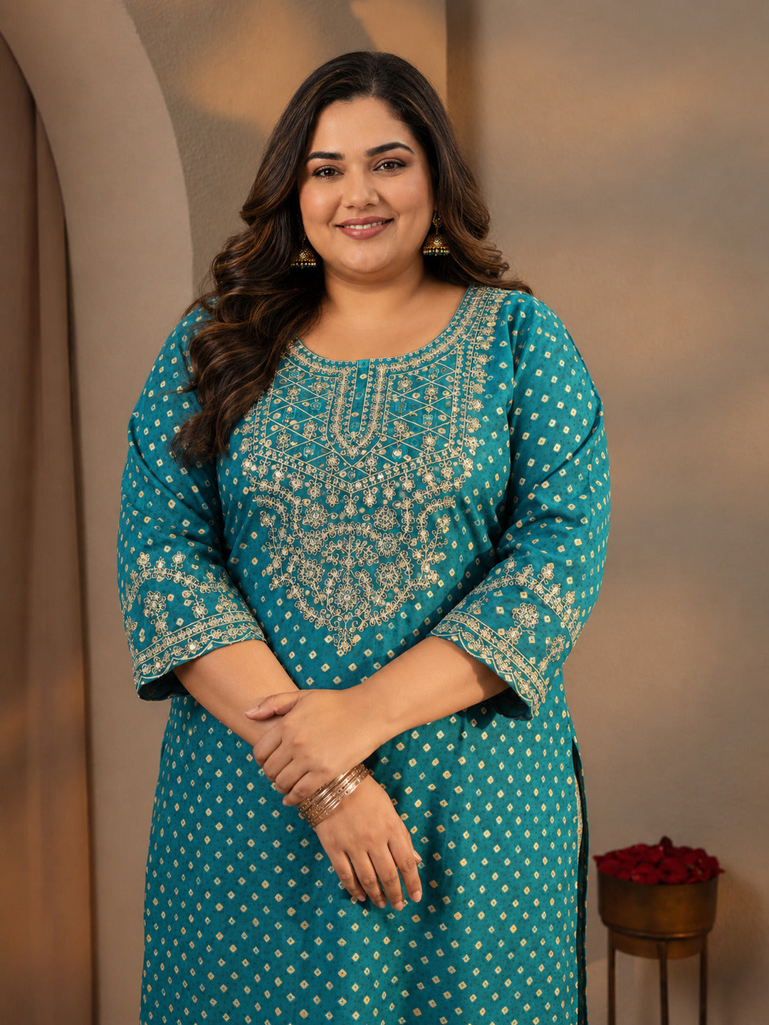 Plus Size Blue Bandhani Printed Silk Blend Straight Suit Set With Dupatta