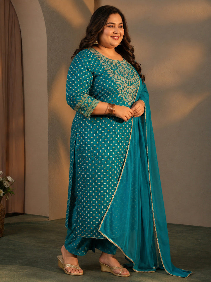 Plus Size Blue Bandhani Printed Silk Blend Straight Suit Set With Dupatta